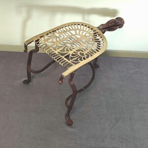 Antique Georgian Brass and Iron Hearth Trivet Kettle Stand with Wooden Handle 18th Century Fireplace Footman Pot Warmer