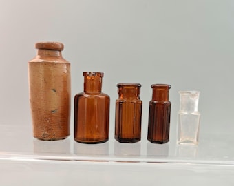Antique Glass Medicine Bottles Set of 5 Vintage Amber Apothecary Bottles Miniature Victorian Clear Vial & Stoneware Jar Rustic Bud Vases