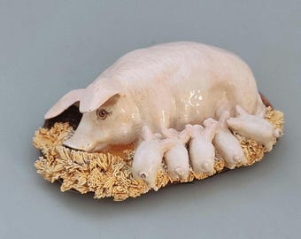 Basil Matthews Mother Pig with Litter Figurine 1970s English Art Pottery Collectible Ceramic Sow Mother Animal Sculpture Pig Lover Gift