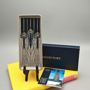 Moorcroft "Peacock Parade" Pin Tray Nicola Slaney Art Nouveau Rectangular Dish, Boxed English Art Pottery Collectible Trinket Tray.
