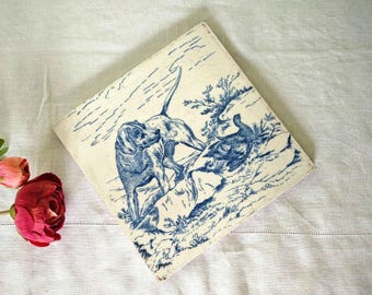Antique Ceramic Tile Hunting Dog and Hen Pheasant Scene Blue and White Transferware 8" Tile Unmarked Country Decor.