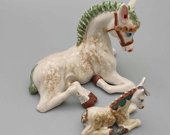Rare Basil Matthews Horse and Foal "THEODORE" Figurine Set Vintage 1970s Signed English Studio Art Pottery Horses Ceramic Decor Collectible