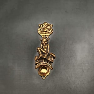 May include: A gold-coloured metal spoon with a pixie figure seated on a mushroom, and a small figure at the top. The spoon has the words "Widecombe Pixie" engraved on it. Likely a souvenir or collectible item.