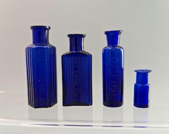 Victorian Cobalt Blue Glass Bottles Apothecary Vials Set of 4 Ribbed Poison & Inecto Glass Chemist Curio Display Glass Phials  Decor Gift