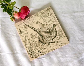 Antique Josiah Wedgwood & Sons Etruria Ceramic Pheasants 8" Tile Victorian Transferware Country Decor