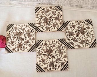 Set of Antique Victorian Tiles Maw & Co Floreat Salopia Brown Transferware Aesthetic Movement Ceramic Fireplace Architectural Salvage