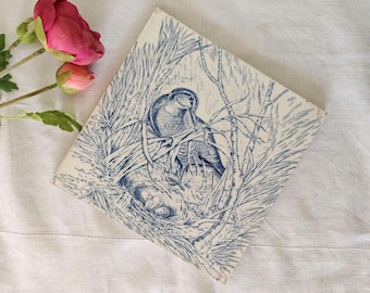 Antique Ceramic Tile Duck Nest Victorian Blue Transferware 8" Tile Unmarked Staffordshire Duck Nest with Eggs Countryside Scene