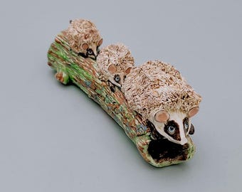Vintage Basil Matthews Hedgehog Family on a Log Figurine Collectible Ceramic Woodland Animal Hedgehog Lover Pottery Gift Signed