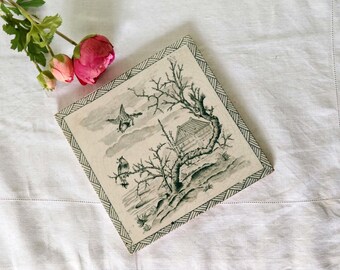 Antique Gien Ceramic Trivet Tile with Bird Motif Country Landscape and Flying Birds Tile 19th Century French Ceramic Rustic Country Decor
