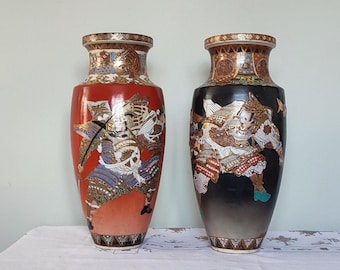 Large Antique Japanese Satsuma Pair of Vases Samurai Warrior Scenes Meiji Period Kinkozan Style Hand Painted Gold Moriage Asian Art Decor
