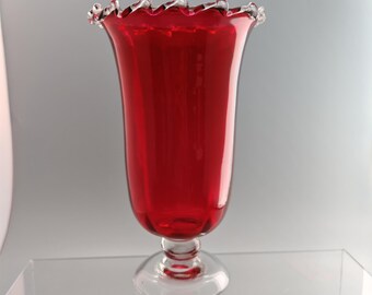 Vintage Ruby Glass Vase 25cm Hand Blown Red Glass with Ruffled Rim Clear Pedestal Base Chalice Mid Century Modern Table Decor