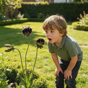 Peut inclure: Un jeune enfant regarde avec étonnement trois fleurs inhabituelles, violet foncé, avec des bouches ouvertes et dentelées. Les fleurs sont dans un jardin avec un feuillage et de l'herbe verts. L'enfant porte un polo vert et un jean bleu foncé.