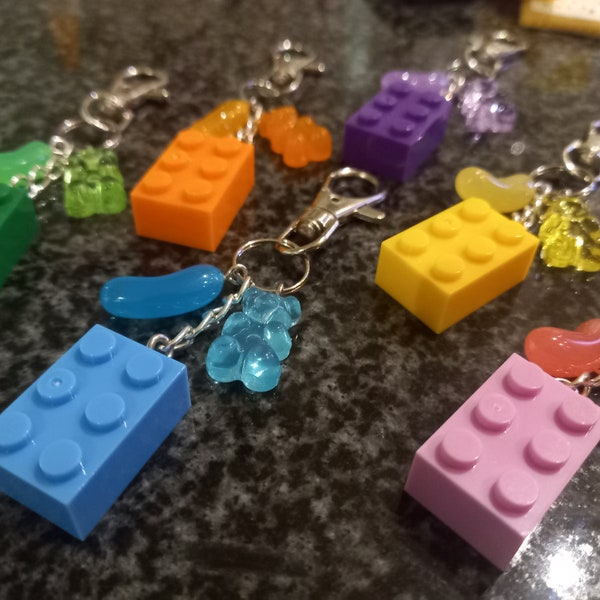 Colourful Sweets Candy and Lego Brick Charms Keyring - Choose a set colour or mix and match  - Cute candy gift and stocking filler - Resin