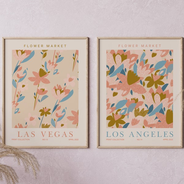 Flower Market Poster, Set Of 2, Flower Market Print,Las Vegas Poster, Los Angeles, Print Wall Art, Flower Market, Digital Prints, Art Set