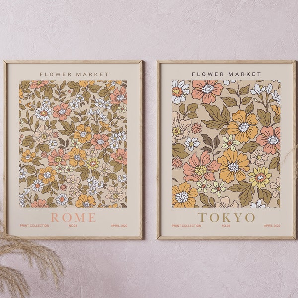 Flower Market Poster, Set Of 2, Flower Market Print, Tokyo Poster, Rome Print, Print Wall Art, Flower Market, Digital Prints, Art Set