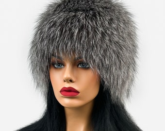 Gorro de piel de zorro plateado (gris)