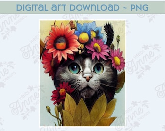 Happy Cat with Blue Eyes Wearing a Flower Wreath Printable Digital Art 300dpi