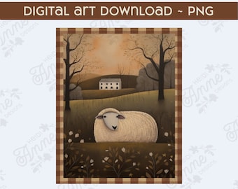 Primitive Folk Art White Wooly Sheep Printable Art PNG