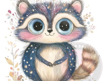 Funny Watercolor Racoon Clipart: Printable Sublimation Design (PNG)