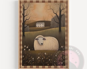 Primitive Sheep Art Print: Farmhouse Autumn Meadow (Digital Download)