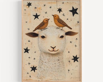 Primitive Sheep & Birds Art Print: Rustic Farmhouse Decor (PNG)