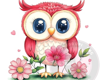 Rosa uggla PNG, blomma clipart, barnrumskonst (digital nedladdning)