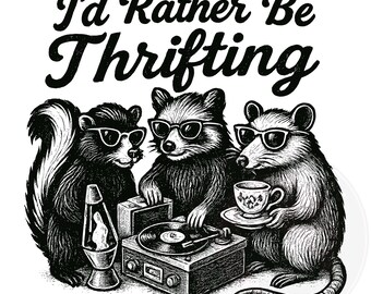 Thrifting Skunk PNG: Vintage Treasure Hunt Design (Digital Download)