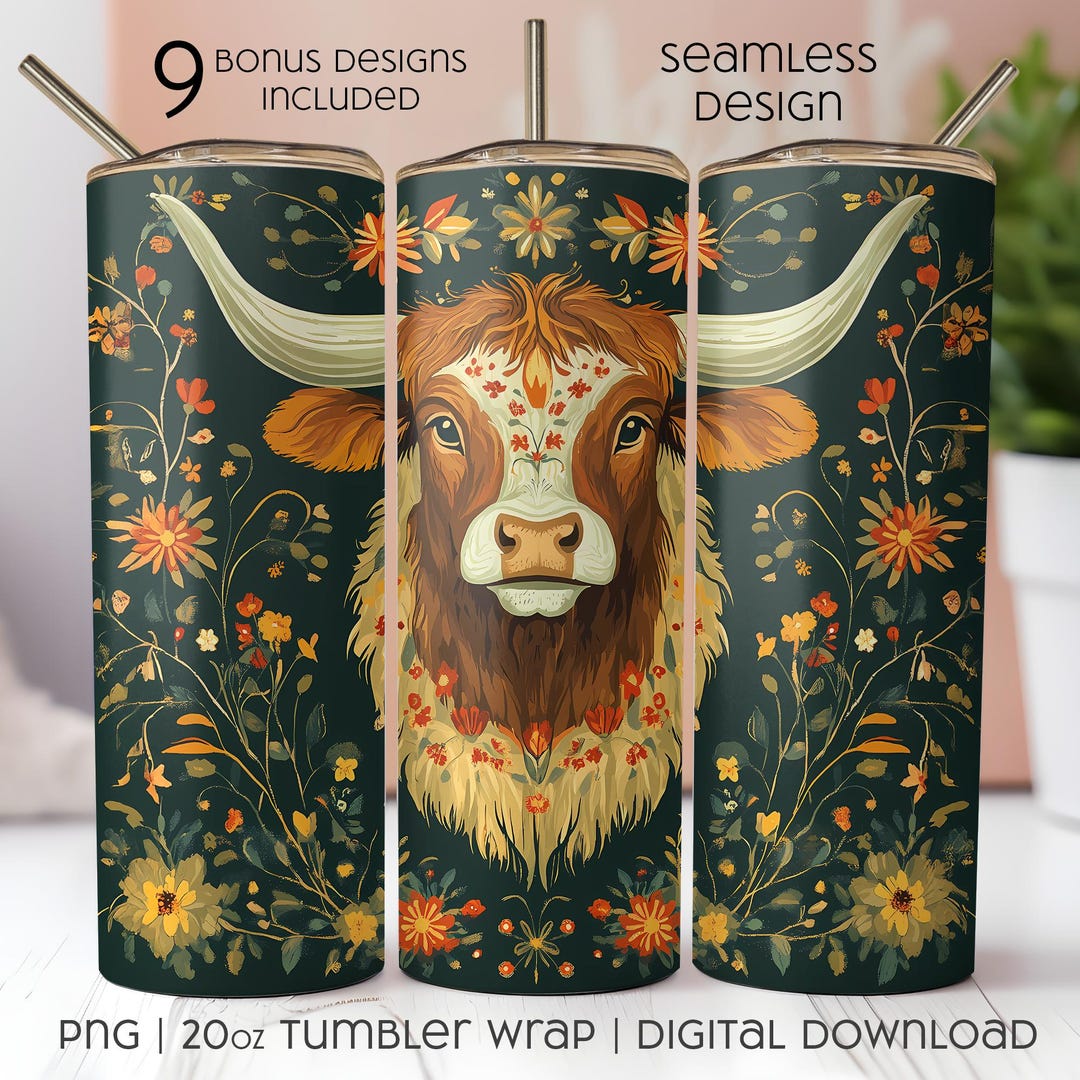 Floral Highland Cow Tumbler Wrap: Rustic Western Design (PNG) - Etsy