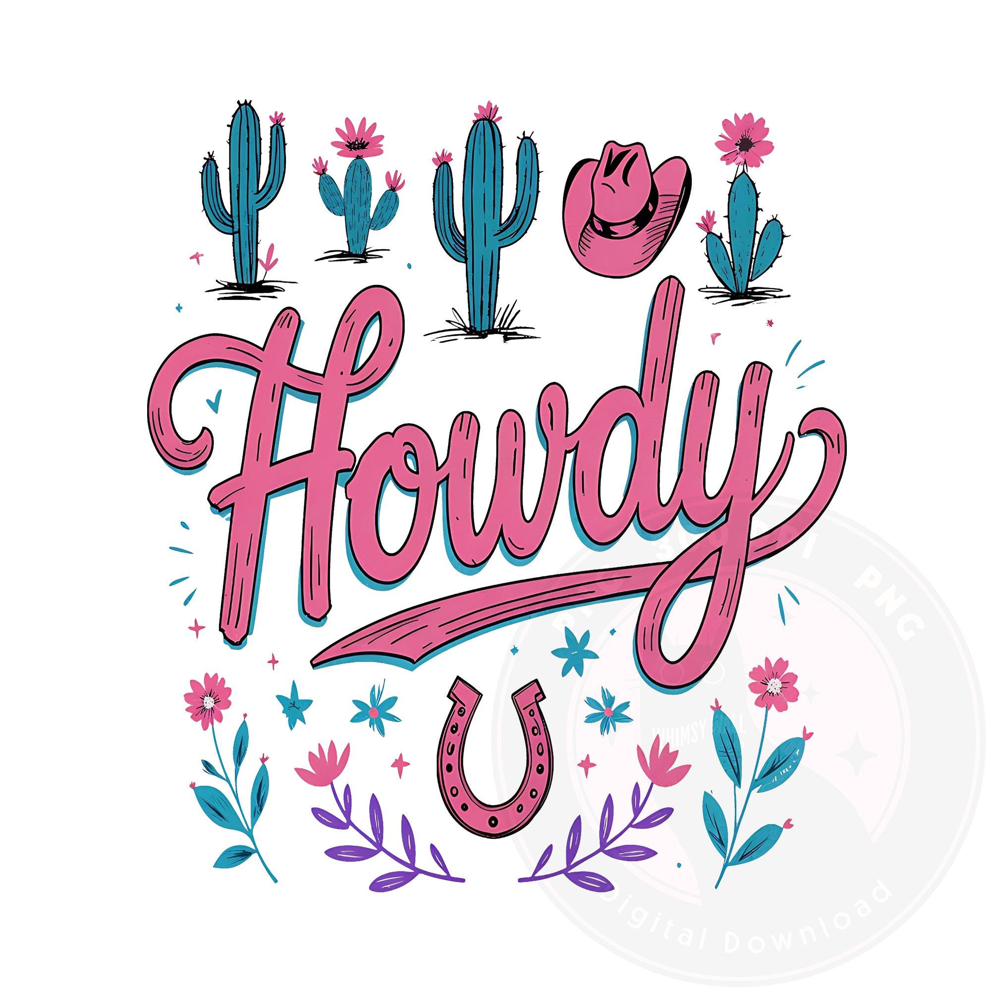Howdy Western Clipart PNG: Cowgirl Hat, Cactus, Floral Art (Digital Download)
