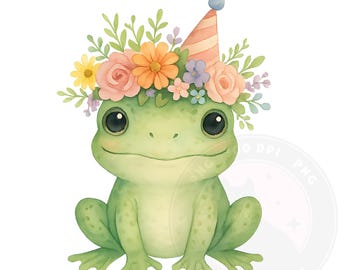 誕生日パーティーのカエル、水彩風のカラフルなイラスト。ケーキ、風船