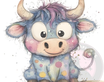 Funny Highland Cow Clipart: Quirky Watercolor Sublimation Design (PNG)