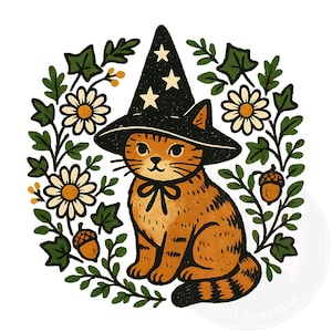 Witchy Cat, PNG Clipart,  Witch Clip Art, Witch Tee Sublimation Design, Witch Cottagecore, Witchy Shirt PNG, Witchy Gift Digital Download