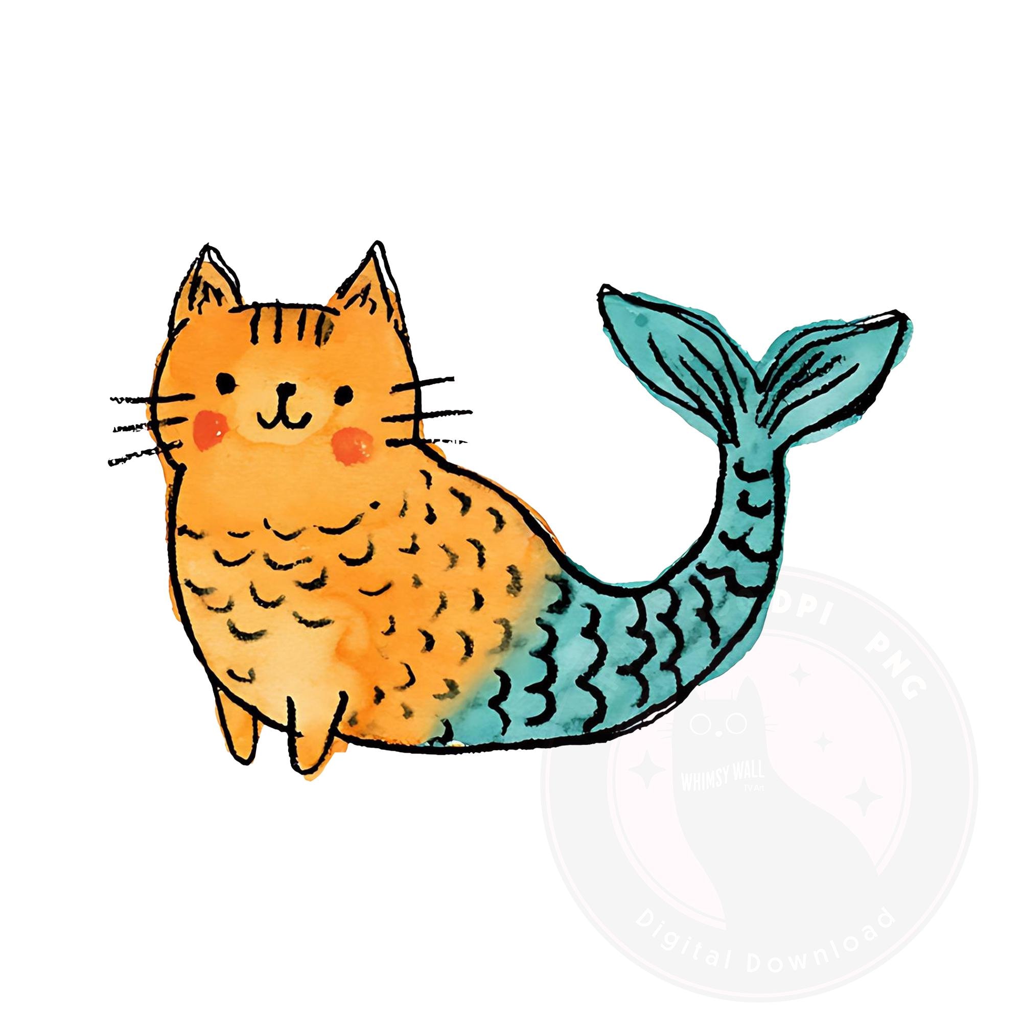 Watercolor Merkitty PNG Clipart: Orange Tabby Mermaid (digital Download ...
