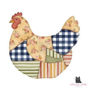 May include: A patchwork chicken design with a red comb and beak, featuring floral, gingham, and striped patterns in various colors. The design is stitched together, creating a rustic, country aesthetic. The image includes the text "Whimsy & Wild Studio".
