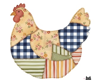 Vintage Patchwork Hen PNG – Farmhouse Chicken Clipart with Gingham, Floral, and Striped Fabric Textures
