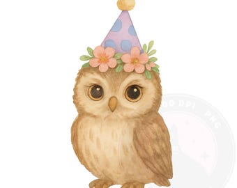 Watercolor Owl Birthday Clipart: Woodland Animal PNG (Digital Download)