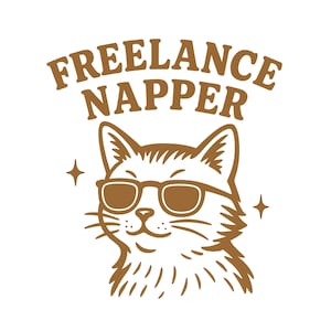 Funny PNG image of a chill, confident cat with shaggy fur and sunglasses, surrounded by sparkles. Text above reads “Freelance Napper” in bold, playful font. Perfect for lazy day humor, cozy vibes, or creative homebody projects. Delivered as a transparent PNG digital download for mugs, apparel, or stickers. No item shipped.