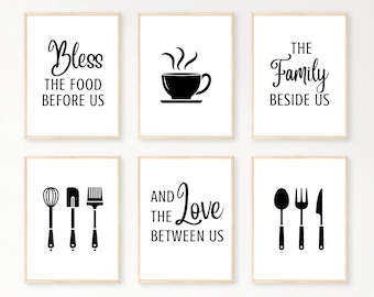 Segne das Essen vor uns, die Familie neben uns und die Liebe zwischen uns Wandbild, Esszimmer Wanddeko, Küchenwandkunst, 6er Set