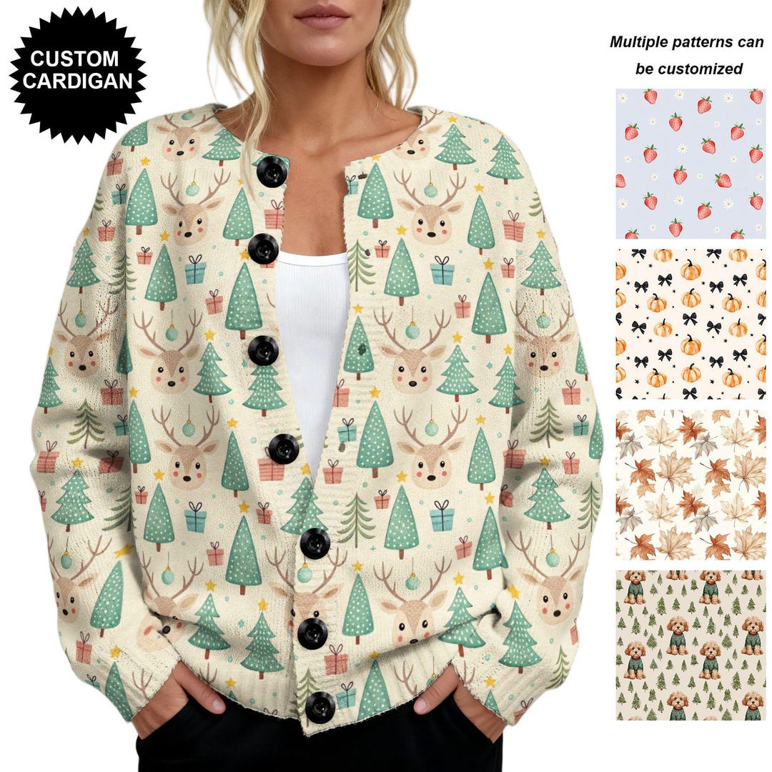 Cute Reindeer and Christmas Tree Pattern Button up Cardigan for Holiday ...