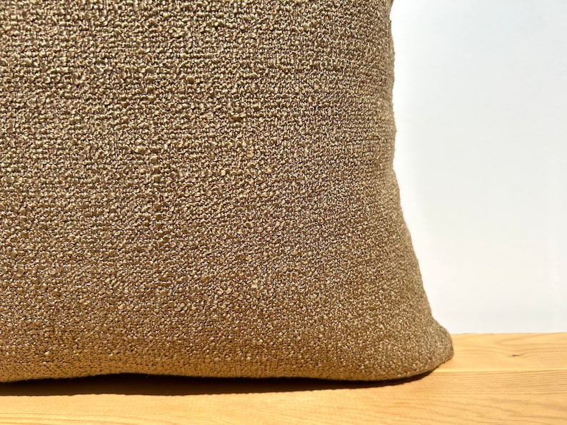 May include: A close-up of a brown throw pillow with a textured fabric. The pillow is sitting on a wooden surface.