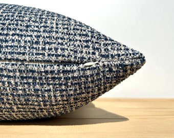 Blue and White Boucle Throw Pillow, Blue White Lumbar Pillow 14x24, Blue Designer Cushion for Couch, Boucle Modern Textured Euro Sham Cover