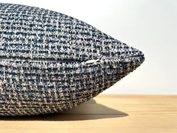 Blue and White Boucle Throw Pillow, Blue White Lumbar Pillow 14x24, Blue Designer Cushion for Couch, Boucle Modern Textured Euro Sham Cover