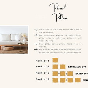 May include: A white sofa with two white pillows and a vase with dried flowers on a side table. The text "Prive Pillow" is written in cursive at the top of the image. The text "Pack of 1", "Pack of 2", "Pack of 3", and "Pack of 4" is written in black text with a yellow square next to each. The text "EXTRA 10% OFF", "EXTRA 15% OFF", and "EXTRA 20% OFF" is written in black text next to the yellow squares.