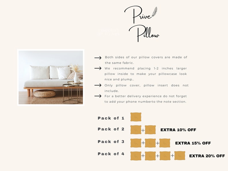 May include: A white sofa with two white pillows and a vase with dried flowers on a side table. The text "Prive Pillow" is written in cursive at the top of the image. The text "Pack of 1", "Pack of 2", "Pack of 3", and "Pack of 4" is written in black text with a yellow square next to each. The text "EXTRA 10% OFF", "EXTRA 15% OFF", and "EXTRA 20% OFF" is written in black text next to the yellow squares.