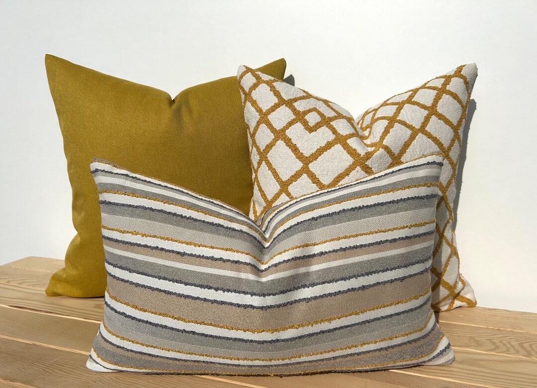 Mustard Pillow Cover Set, Mustard Striped Throw Pillow Covers