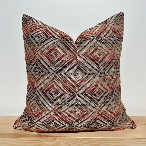 Brown/Orange/Beige Geometric Cotton Pillow Cover, Colorful Boho Euro Sham Cover, Burnt Orange Cushion Case 20x20, Woven Textured Pillow Case