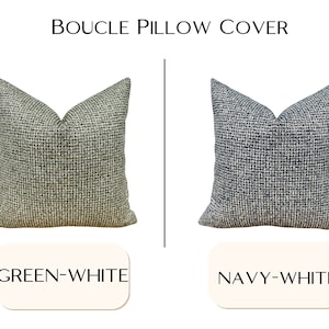 May include: Two boucl&eacute; pillow covers, one green and white, and one navy and white.  The pillow covers are shown against a white background.