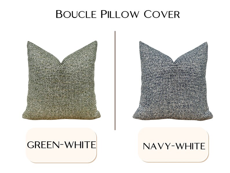 May include: Two boucl&eacute; pillow covers, one green and white, and one navy and white.  The pillow covers are shown against a white background.