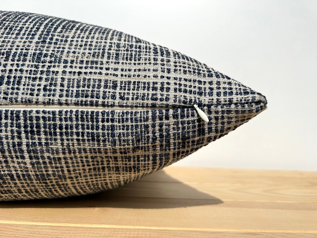 Navy Blue Striped Pillow Cover, Textured Linen Cushion Cover, Blue