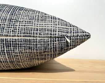 Navy Blue Striped Pillow Cover, Textured Linen Cushion Cover, Blue White Throw Pillow Case 26x26, Navy Blue Euro Sham, Woven Thick Fabric